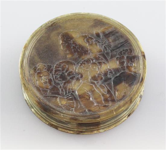 An 18th century blond tortoiseshell circular snuff box, 3in.